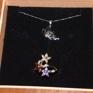 New Concerto Multi Gemstone Flower Ring & Butterfly Necklace